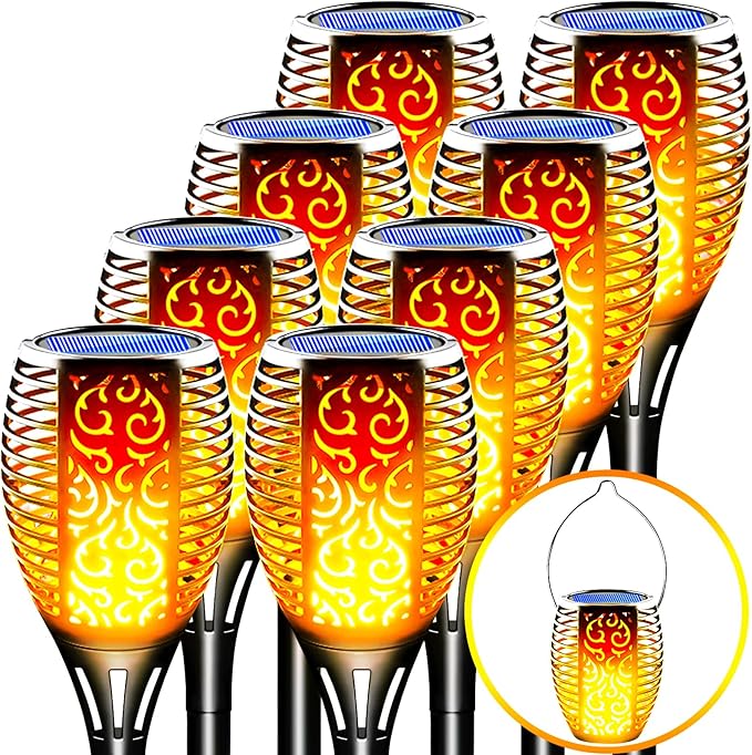 8 Pack Solar Torch Lights Outdoor, Upgraded Solar Tiki Torches with Realistic Flickering Flame, 3-in-1 Fire Effect Detachable Hanging Lantern for Garden, Pathway - Waterproof & Auto On/Off