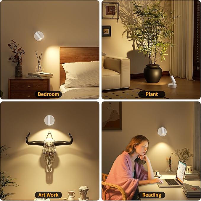 Rechargeable LED Spotlight Indoor: Wireless Battery Operated Spotlight with Remote Control Small Picture Spot Light Accent Uplighting for Plant Artwork White