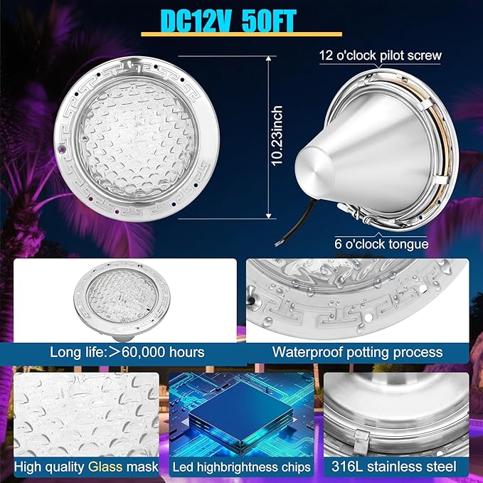 CAtArt 10 Inch LED Pool Lights for Inground Pool,12V DC 35W Color Changing Inground Pool Light with Controller,Remote and APP Control Fit for 10" Large Wet Niches,50ft Cord