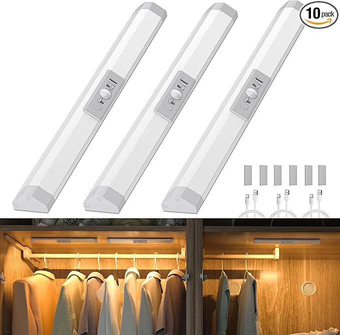 WOBANE Closet Lights Motion Sensored with Eye-Protection,Rechargeable LED Wardrobe Lighting with 3 Color,12 inch Dimmable Wireless Battery Operated Light Indoor for Stair,Pantry,Hallway,900mAh,3PCS