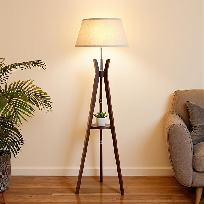 Floor Lamp with Shelf Table, Mid-Century Modern Corner Floor Lamp with Beige Linen Shade, Tall Standing Lamp with Bamboo Tripod Frame, E26 Base for Living Room Bedroom Office