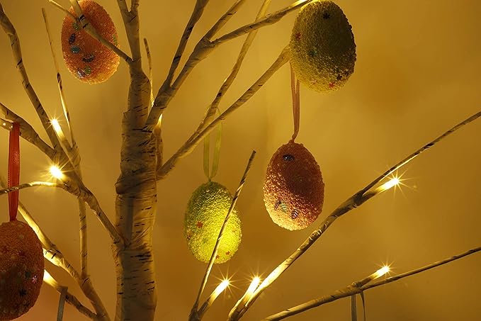 Easter Decorations kemooie 24 Inch Pre-lit White Birch Tree with 10 Hanging Easter Egg Ornaments, 24 Led Lights Battery Operated Easter Table Centerpiece for Party Birthday Home Spring Decoration