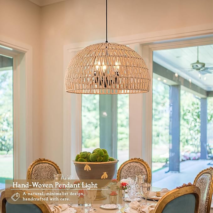 17.6 inch Hemp Rope Woven Pendant Light Wicker Pendant Light 3-light Rattan Light Fixture Boho Chandelier Farmhouse Chandelier Dome Pendants Light for Dining Room Bedroom Kitchen(Bulb Incl