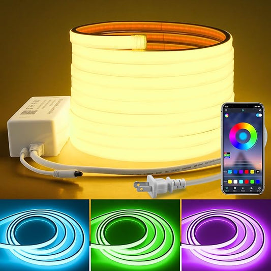 16.4FT 110V RGB COB LED Strip Light with Remote Smart Waterproof Outdoor RGB COB Neon Rope Light 576LEDs/M Color Changing Dimmable LED Light Strip AC 110V~130V for Bedroom Home Commercial Lighting