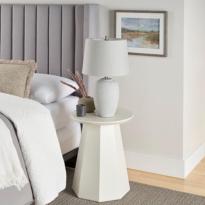 Nourison Home 23" Vintage Grey (White Washed) Ceramic Pot Table Lamp for Bedroom, Living Room, Dining, Office, with Grey Shade