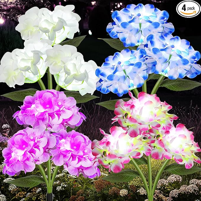 Lewondr 4 Pack Solar Garden Lights, Solar Flowers Lights with 4 Blooming Hydrangea Flowers, Waterproof Solar Lights Outdoor for Yard Porch Patio Backyard Pathway Gardening, 2 Lighting Modes, Colorful