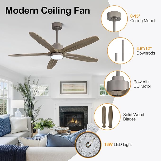 WINGBO 54" Ceiling Fan with Light - 5 Carved Solid Wood Blades, 6-Speed Reversible DC Motor, Dimmable, 3CCT, Noiseless Remote Control Ceiling Fans with Lights for Bedroom Living Room, Charcoal Gray