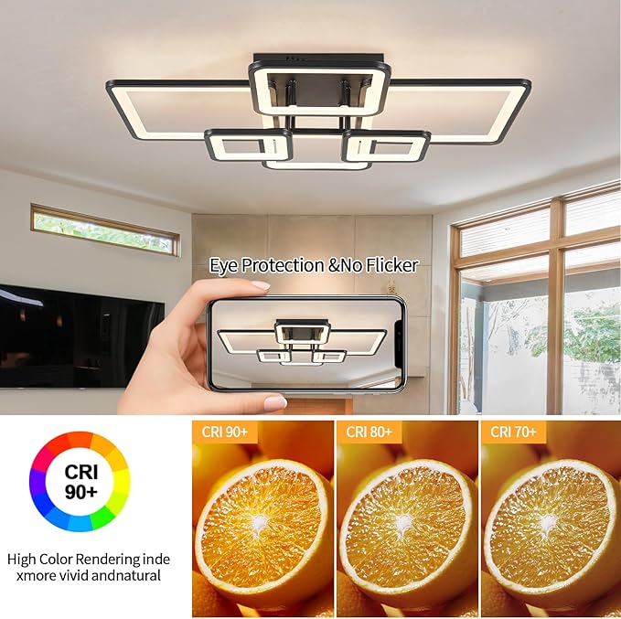 Modern LED Ceiling Light Fixture Black Kitchen Lighting Fixtures Ceiling for Bedroom 31.5" Dimmable 6 Ring Square Ceiling Light for Kitchen with Remote Control for Living Room,Dining Room