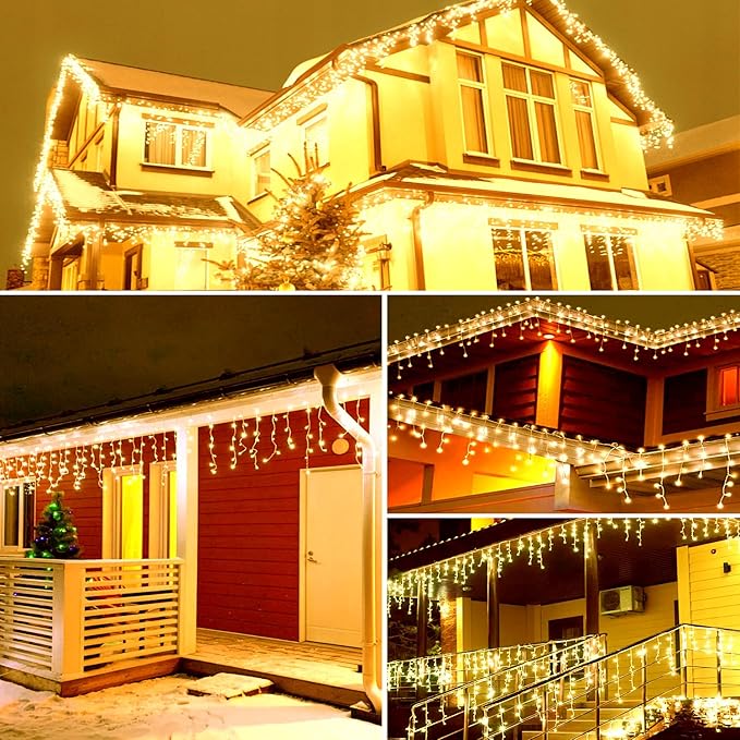 Icicle Lights for Outside,115ft 1000 LEDs Warm White Christmas Light Outdoor,8 Modes,Timer,Plug in Waterproof Twinkly Icicle Lights for Eaves Yard Party House Holiday Christmas Decoration