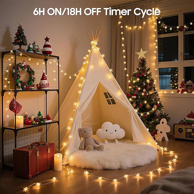 Snowflake Christmas Lights, 33FT 100 LED Rechargeable Fairy Lights Battery Operated, String Lights with 8 Modes & Timer, Twinkle Lights Indoor for Bedroom Party Home Xmas Tree Decoration Warm White