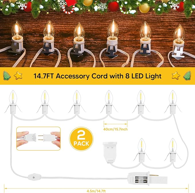 2Pack Accessory Cord with 16 LED Light Bulbs and Outlet Christmas Village Light 14.7FT White Cord with Spare Fuse Warm White C7 Lamp for Halloween Pumpkins Christmas Village Houses Craft Decoration