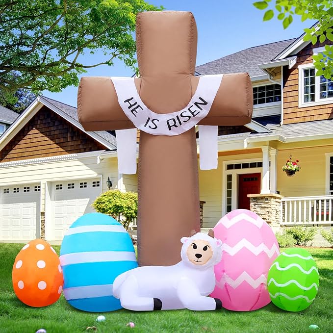 New 6FT Easter Inflatable Outdoor Decorations He is Risen Cross, Build-in LED Lights Holiday Blow Up Yard Decoration, for Easter Holiday Party, Outdoor,Garden, Yard Lawn Décor