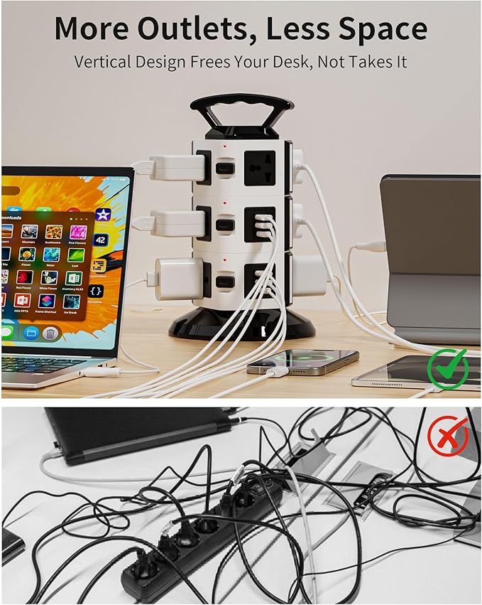 Power Strip Tower with 10 Outlets, 4 USB-A & 2 USB-C Ports, 1875W/15A Heavy Duty Charging Station for Multiple Devices, Plug Tower with 6ft Extension Cord, for Home, Office, Dorm