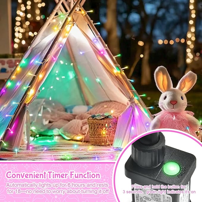 Easter String Lights, Pastel Easter Lights Plug in with Timer 8 Lighting Modes 32ft 100LED Transparent Wire Fairy Lights for Easter Decorations Garland Outdoor Indoor Party