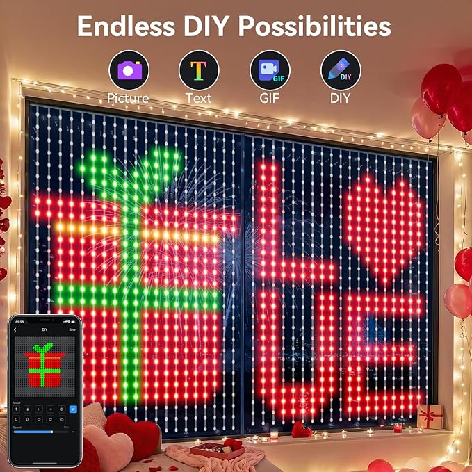 Smart Curtain Lights Pro - 540LEDs AI Pattern & GIF Display, WiFi APP Control Compatible with Alexa Google Home, Color Changing Music Lights Outdoor Indoor for 4th of July Window Decor, 5x6.6FT