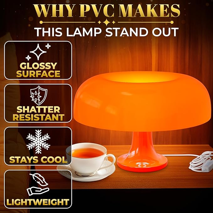 Orange Mushroom Lamp for Bedroom – Aesthetic Vintage Mushroom Lamps with 3 Lighting Colors & 10 Brightness – USB Powered Nightstand Retro Lamp for Reading Room, Office, Dorm | ABS + PVC Build