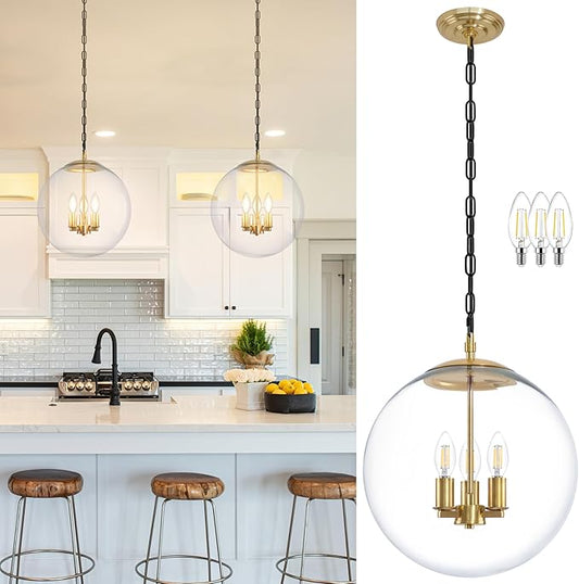 KoKo&Yukina 13.7" Gold Globe Pendant Light Mid Century Pendant Light Clear Glass Pendant Lights Kitchen Island Adjustable Hanging Light Fixture for Dining Room Bedroom Kitchen Island
