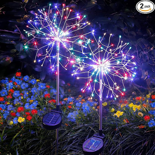 Solar Garden Lights Outdoor Yard Decorations, 2 Pack 150Leds Pathway Lights Stake, Fairy Firework Light for Garden, Patio, Pathway, Flowerbed Multicolor