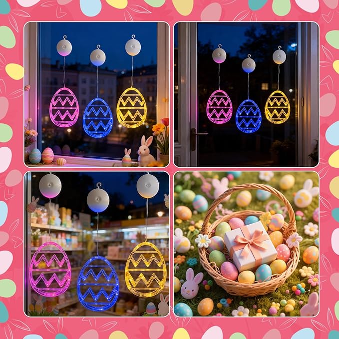 Easter Window Lights Decorations, 3 Pack Easter Hanging Window Decor Pink Yellow Blue Egg Lights with Suction Cup, Indoor Battery Operated Egg LED Holiday Lamp for Home Door Window (Pink Yellow Blue)