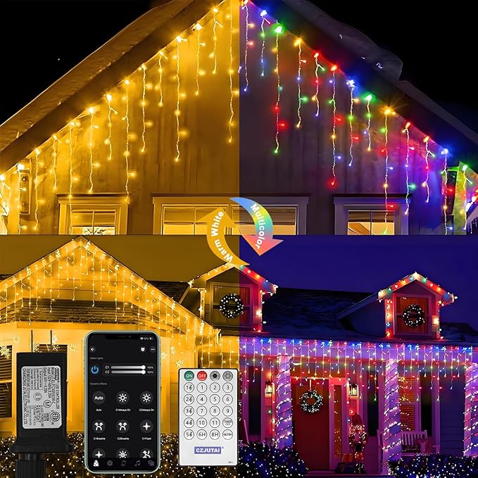 Color Changing Icicle Lights for Outside,82ft 800 LEDs Christmas Light,APP Control,Music Sync,Waterproof LED Icicle Lights for Eaves Yard House Holiday Christmas Decoration,Warm White and Color