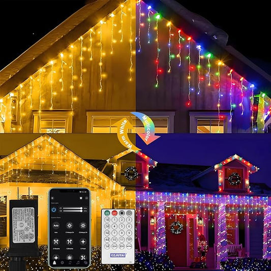 Color Changing Icicle Lights for Outside,115ft 1000 LEDs Christmas Light,APP Control,Music Sync,Waterproof LED Icicle Lights for Eaves Yard House Holiday Christmas Decoration,Warm White & Color