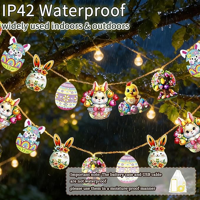 Easter String Lights,10Ft 20 LED Easter Lights Bunny Egg Chick Fairy Lights with Dual Power (Battery/USB) 2 Lighting Modes 6 Cute Patterns for Indoor Outdoor Easter Decorations Spring Home Party Patio