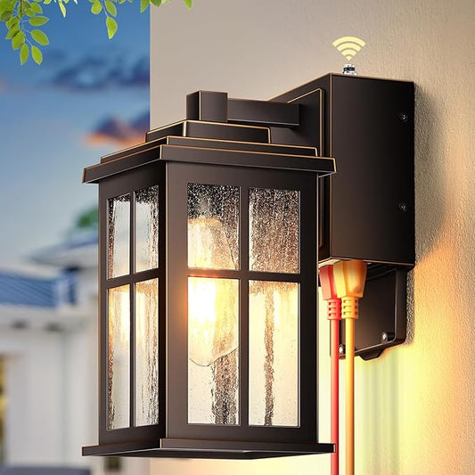 Gleamz Outdoor Porch Light with GFCI Outlet, Oil Rubbed Bronze Gold Trim Farmhouse Exterior Lighting Fixtures Wall Mount for Garage, Anti-Rust Outside Lights for House with Outlet, Outdoor Wall Sconce