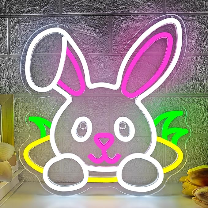 Easter Neon Sign Rabbit Hole LED Sign for Home Office Shop Dimmable Bunny Window Light Decorations Happy Easter Decor Light Up Bunny Sign for Bedroom Wall Hole Light Sign for Kids Room