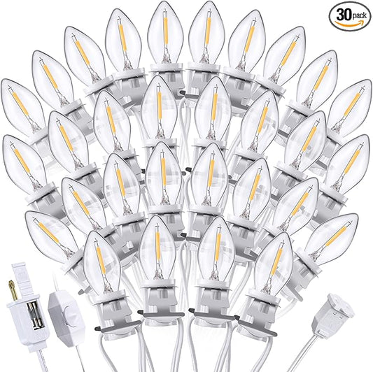 Meonum Accessory Cord with LED C7 Light Bulbs,Christmas Village Indoor Blow Mold Light Cord with Female Plug, Rotary On/Off,for Halloween Pumpkin,Holiday Craft Projects Decoration(51 ft,30 Packs)