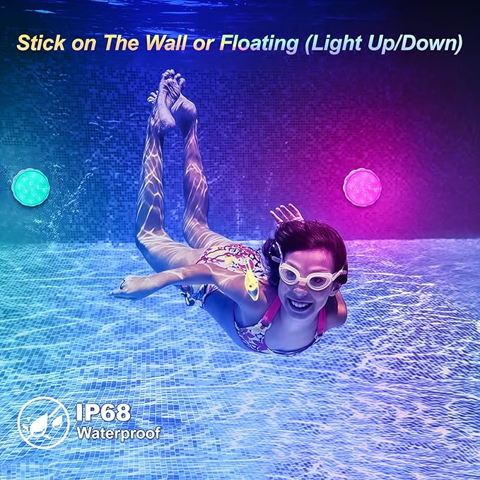 YiaMia Rechargeable Pool Lights with Remote, 2 Pack IP68 Waterproof Submersible LED Lights for Above Ground & Inground Pools, Bath, Shower, Party Decoration, Spas, Aquariums