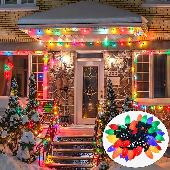 27.5Ft C9 LED Christmas Lights Battery Operated with Remote, LED Multicolor Outdoor Christmas Tree Lights Waterproof with 8 Mode Twinkle, for Christmas Tree Stair Yard Home Decor, 50 Bulbs