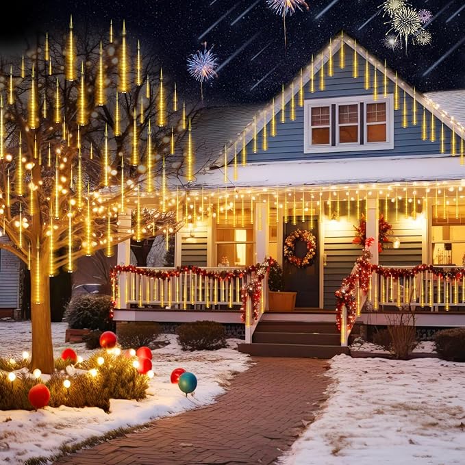 KNONEW 40 Tubes 1120 LED Meteor Shower Lights Christmas Lights Outdoor Plug in Waterproof Falling Rain Light for Xmas Tree Wedding Party Garden Holiday Rooftop Decorations (Warm White)