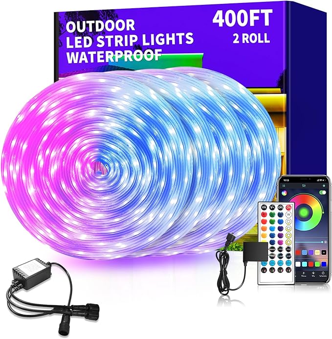 Outdoor LED Strip Lights Waterproof,400ft Outdoor Lights with App/Remote Control,IP68 Waterproof,Music Sync Outdoor led Lights for Bedroom,Patio, Eave, Halloween Decorations（2 rolls of 200ft）
