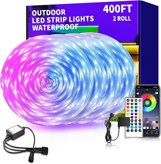 Outdoor LED Strip Lights Waterproof,400ft Outdoor Lights with App/Remote Control,IP68 Waterproof,Music Sync Outdoor led Lights for Bedroom,Patio, Eave, Halloween Decorations（2 rolls of 200ft）