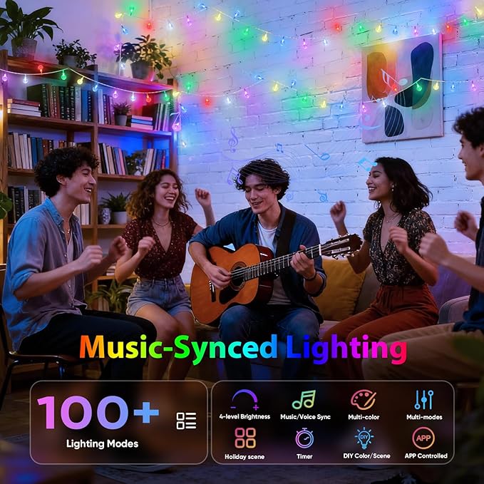 OMIKA 50FT 100LED Outdoor String Lights Plug in, APP & Remote Control Smart Crystal Globe Lights, Dimmable RGB & Warm White Patio Lights with Timer, Music Sync for Christmas Garden Party