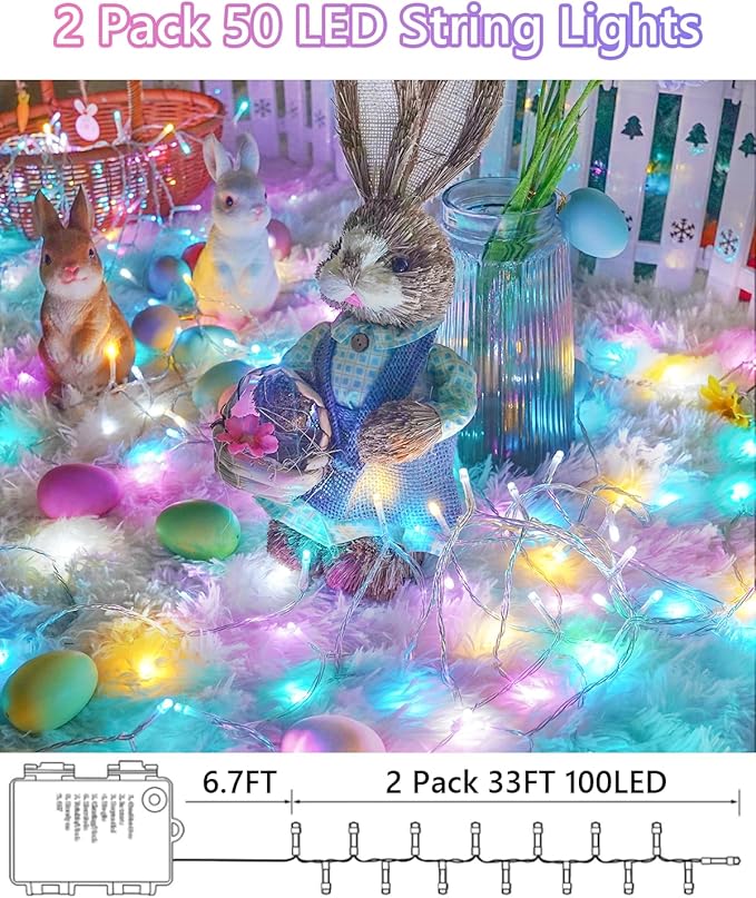 Easter Lights Battery Operated Twinkle Lights, 2 Pack 66FT 200LED Multicolor easter String Lights, 8 Modes Waterproof Pastel Light Indoor Outdoor, Fairy Lights for Room Garden Party Easter Decorations
