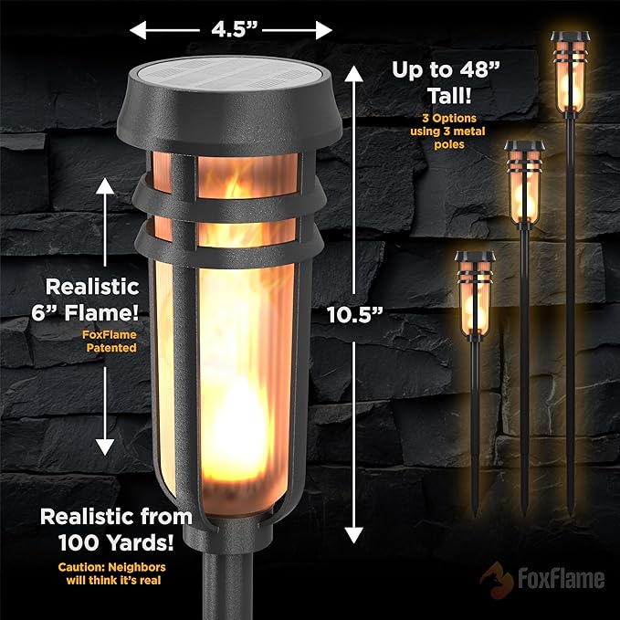 FoxFlame Metal Solar Torch Lights-Adjustable Height (24"-50"), Outdoor Garden Decor with Patented LED, Waterproof Solar Tiki Torches for Yard,Patio,Garden Pathway,Matte Black–2 Pack