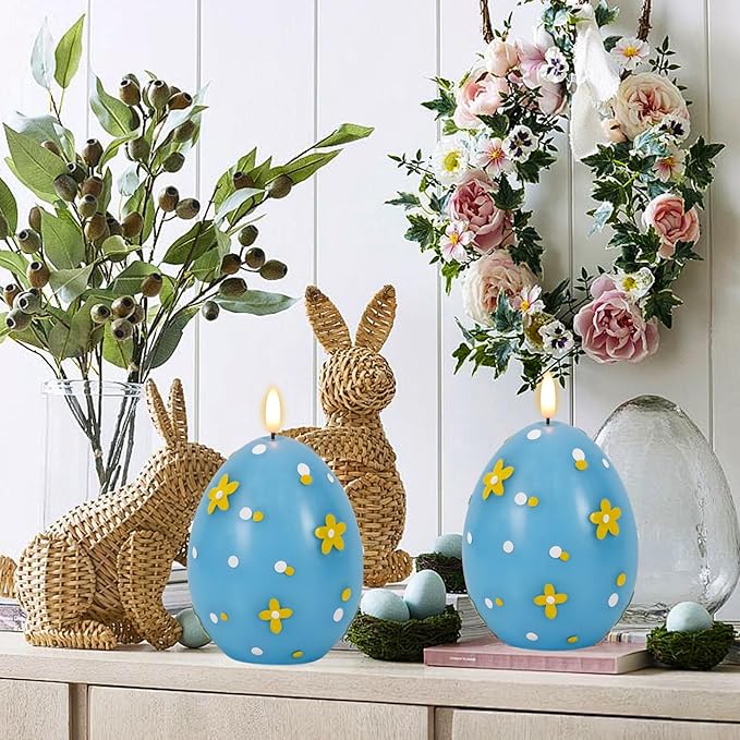 DRomance Easter Flameless Candles Battery Operated with 6 Hour Timer Battery Operated Real Wax Color Painted Easter Egg Shaped LED Flickering Candles Dinner Spring Holiday Decor(Blue, 2.4"D x 6.3"H)