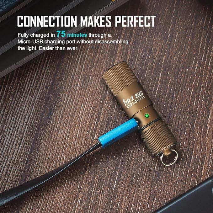 OLIGHT i1R 2 EOS 150 Lumens Tiny Rechargeable Keychain Flashlight EDC Mini LED Keyring Light with Built-in Battery for Camping Hiking Dog Walking etc (Desert Tan)