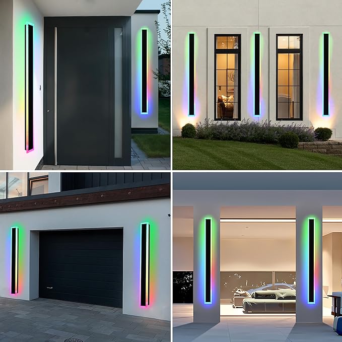 MELUCEE 2pcs 60in Long RGB Outdoor Wall Light Fixture, 5.1in Wide Dimmable Exterior Wall Lights IP65 Waterproof for Garage and Front Door, Long Outdoor Wall Sconce Black LED Outdoor Entrance Lighting