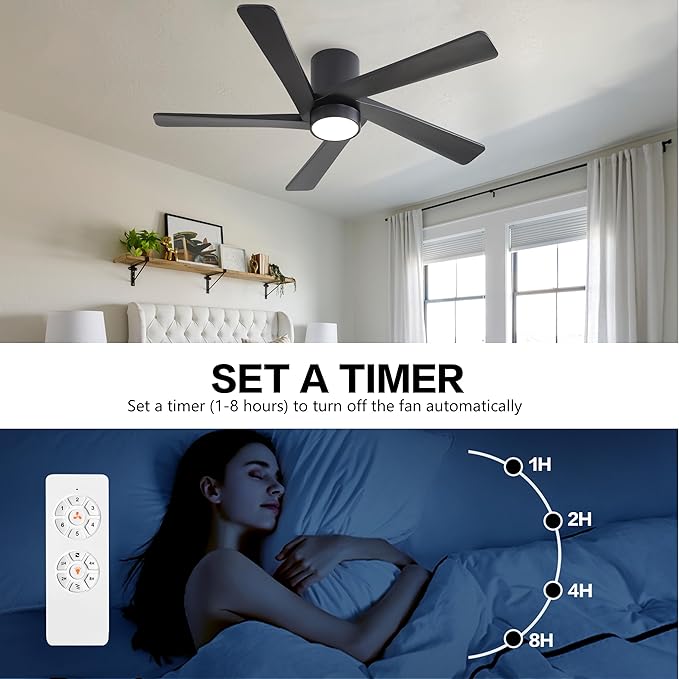 WINGBO 54 Inch Flush Mount DC Ceiling Fan with Lights and Remote, 5 Reversible Carved Wood Blades, 6-Speed Noiseless DC Motor, Hugger Ceiling Fan in Black Finish, Low Profile Ceiling Fans, ETL Listed