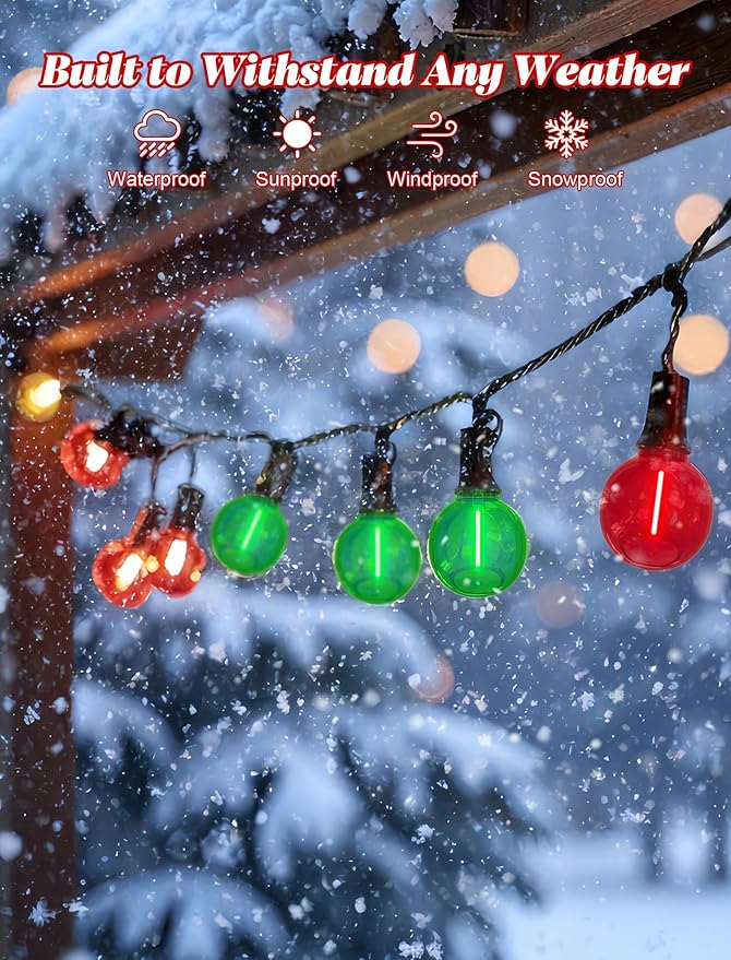 25 Pack G40 Red & Green LED Globe Replacement Bulbs, Dimmable E12 Screw Base Shatterproof Small Globe Light Bulbs for Outdoor String Lights and Indoor Outdoor Christmas String Lights & Patio Decor