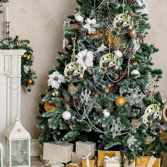 Watercolor Panda Bamboo Christmas Ornaments, Christmas Decorations Xmas Tree Hanging Ornaments, Round Ceramic Festive Keepsake Gift for Christmas Decorations Holiday Home Party Decors