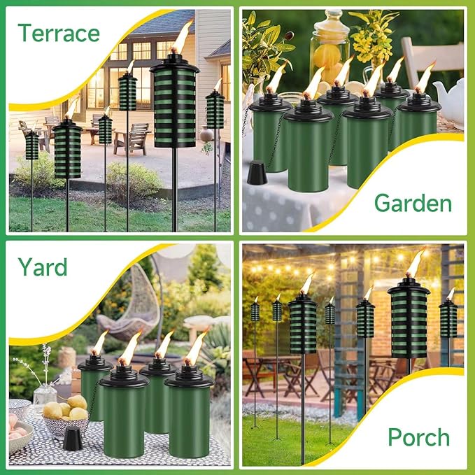6 Pack Home Garden Torch, 16 Oz Outdoor Green Metal Torch Garden Décor,59-Inch Upgraded Citronella Torches with 3-Prong Grounded Stake, Metal Light Torches for Party Patio Pathway