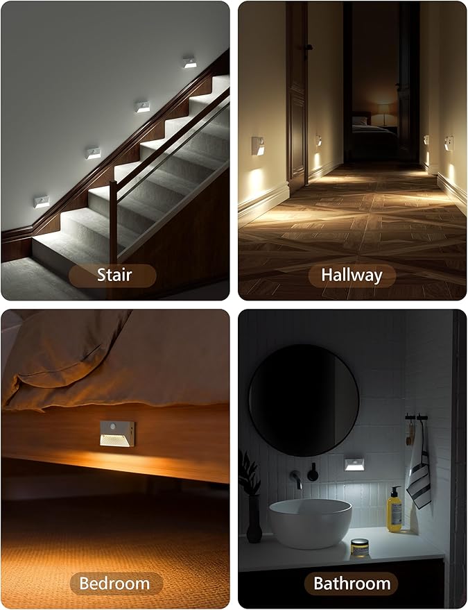 NIORSUN Motion Sensor Night Light, Rechargeable Stair Lights Indoor, 3 Colors and Motion Modes 2000 mAh Battery Night Light with Light Sensor for Stairway, Hallway, Bathroom, Kitchen White 6 Pack