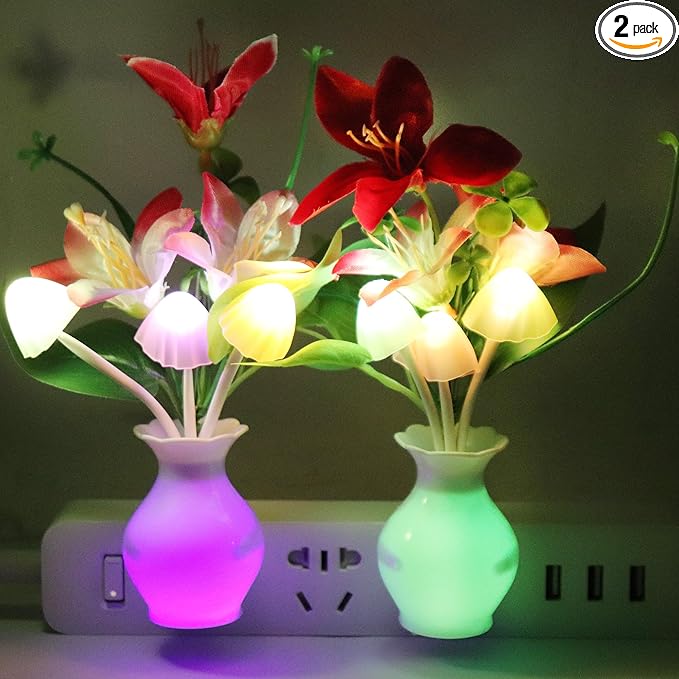2 PCS Plug-in Night Light with Auto Light Sensor,RGB LED Mushroom Night Light Wall Red Lily Flower Lamp Energy Efficient Light for Adults Kids Nursery Room,Bedroom,Lounge,Hallway,Stairs