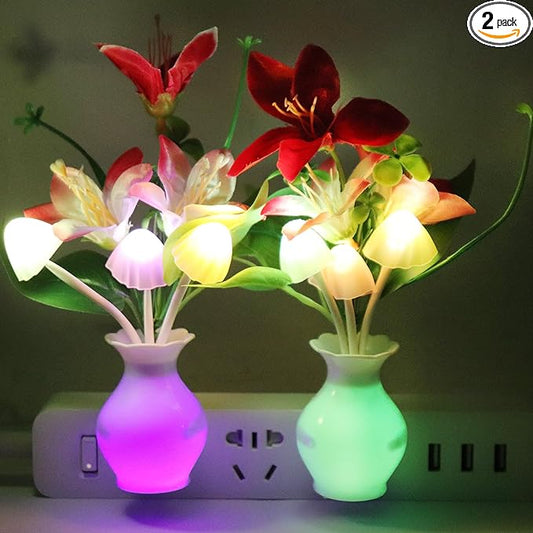 2 PCS Plug-in Night Light with Auto Light Sensor,RGB LED Mushroom Night Light Wall Red Lily Flower Lamp Energy Efficient Light for Adults Kids Nursery Room,Bedroom,Lounge,Hallway,Stairs