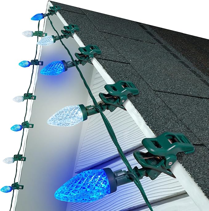 C9 LED Christmas Lights Outdoor, 99 Feet 150 LED String With 150 Spring Clips, Waterproof Connectable Christmas Tree Lights for Outside Roofline Patio Home Xmas Decor, Blue & Pure White