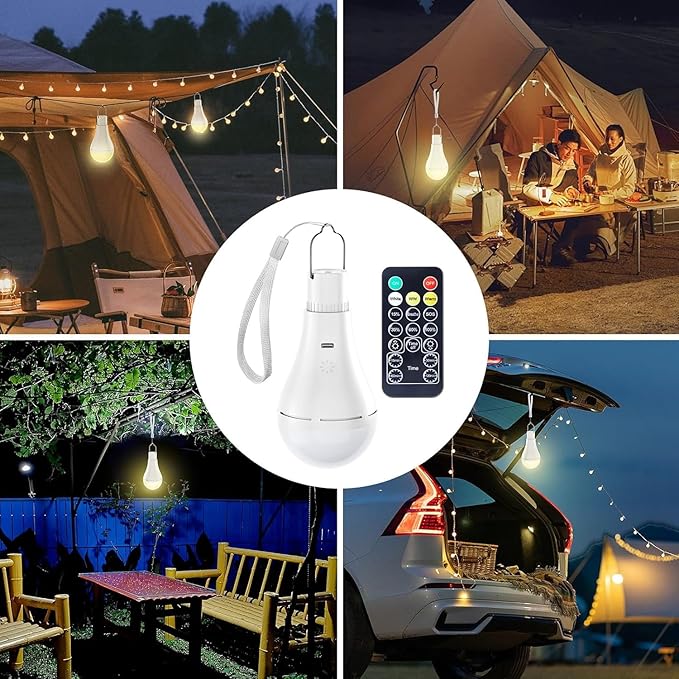 Brightown USB Rechargeable Light Bulb with Remote and Timer, Battery Emergency Light Bulbs for Home Power Outage, Hanging LED Light Bulb with Hook for Outdoor Camping Tent, 700LM, 6000K, 2 Pack