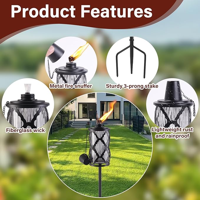 Home Garden Torch Set of 4, Large Capacity 16oz Outdoor Glass Torch Garden Décor,58-Inch Upgraded Citronella Torches with 3-Prong Grounded Stake, Torches for Party Patio Pathway